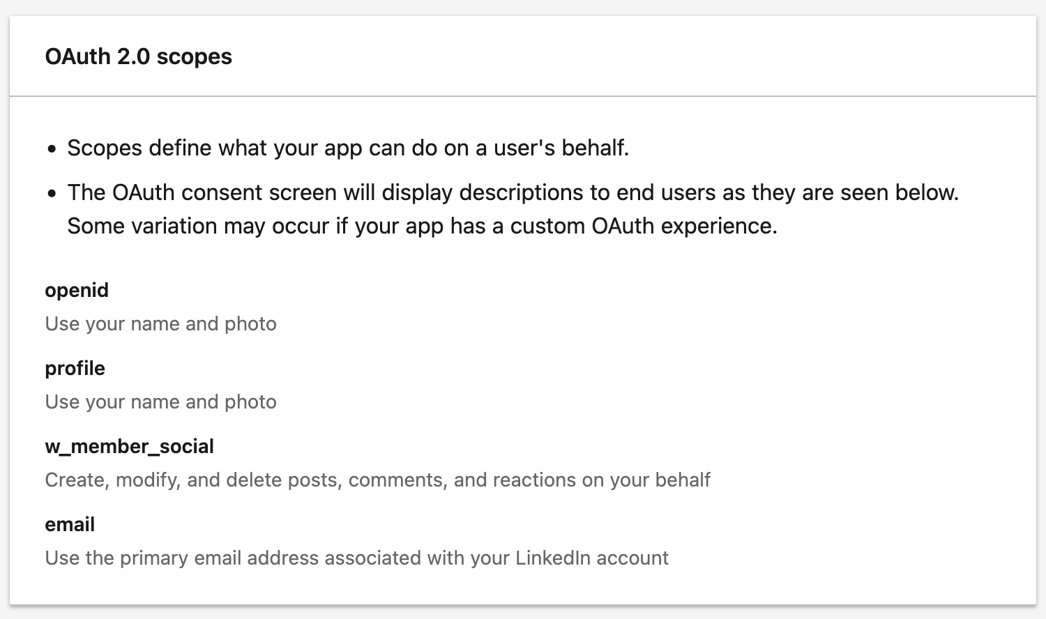 A screenshot of the OAuth 2.0 scopes section showing the following scopes listed: openid, profile, w_member_social and email